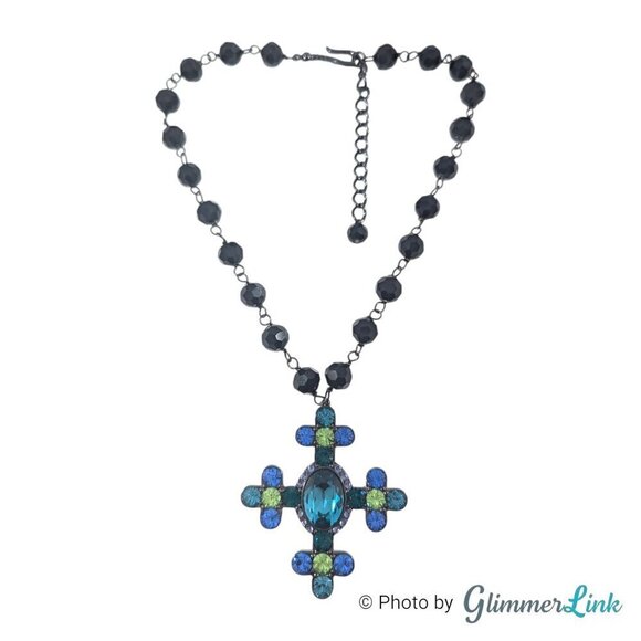 Akkad Blue & Green Sparkling Cross Black Faceted Glass Beads Necklace - Picture 2 of 12